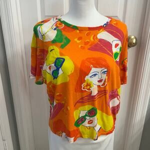 ZARA Women’s Pop Art Graphic Print Tee Size Large – Retro Bright Colors dopamine